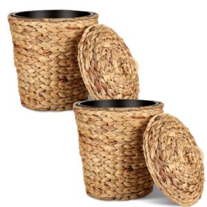 maxcheck 2 sets wicker trash can with lid and plastic insert 3 gallon trash can boho woven wicker round waste basket office garbage cans for bathroom living room bedroom