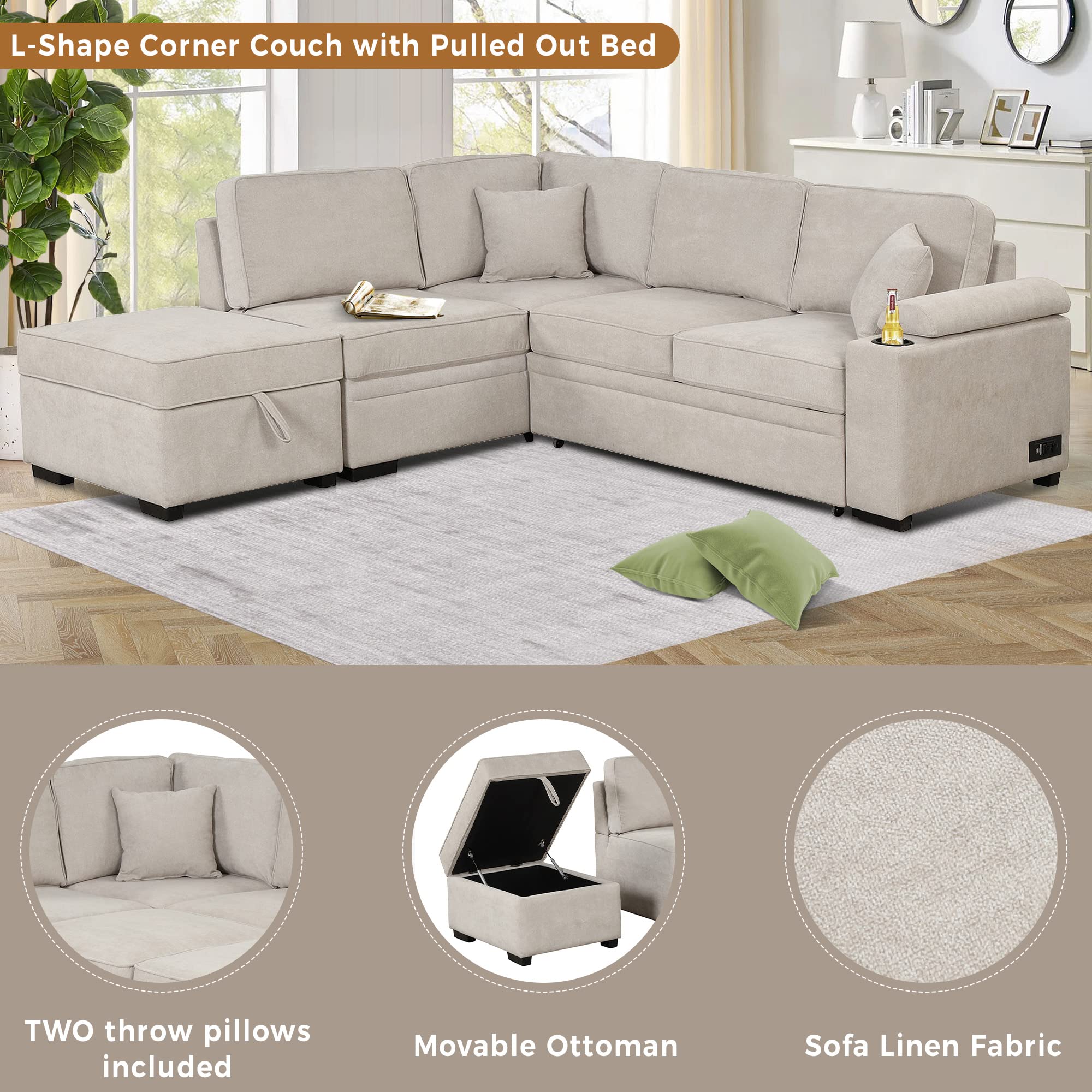 Sectional Sleeper Sofa with Storage Ottoman Pull Out Couch Bed with USB Charging & Cup Holder L-Shaped Comfy Couches for Living Room Convertible Couch Beds for Bedroom Apartment, 87.4" Beige