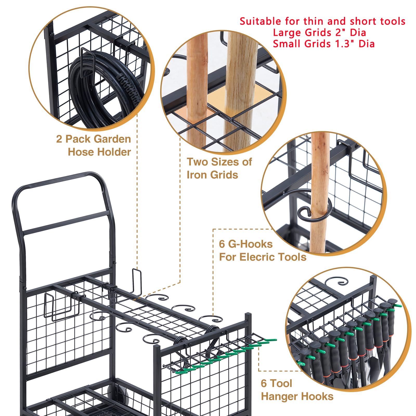 Lauren&Harold Garden Tool Organizer with 2 Stair Climbing Wheels,Garden Tool Stand,Garage Organization and Storage,Yard Tool Organizer for Garage,Garden Tool Rack for Garage,Shed,Outdoor