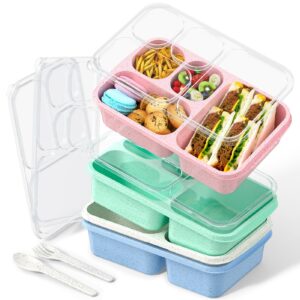 tevike bento lunch box for kids-4 pack, meal prep container microwave safe, lunch box of 4-compartment, bento box adult lunch box, snack box containers (white/green/pink/cyan)