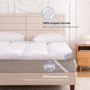 LeWinBedding 3 Inch White Goose Feather Mattress Topper,King Feather Bed Topper,Mattress Cover with Straps,Ultra Soft Pillowtop,100% Organic Cotton Fabric(78”x80”)