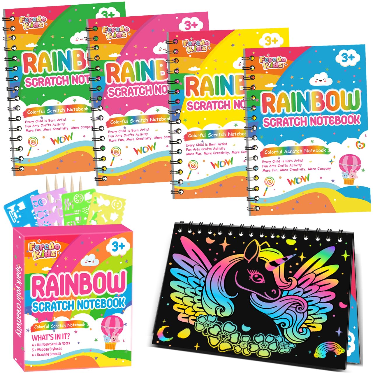 FEREDO KIDS Birthday Party Favors: 4 Pack Rainbow Scratch Notebook Bulk Party Favors for Kids Goodie Bags Prize Box Toys for Kids Classroom School Supplies Christmas Gifts Kids Crafts