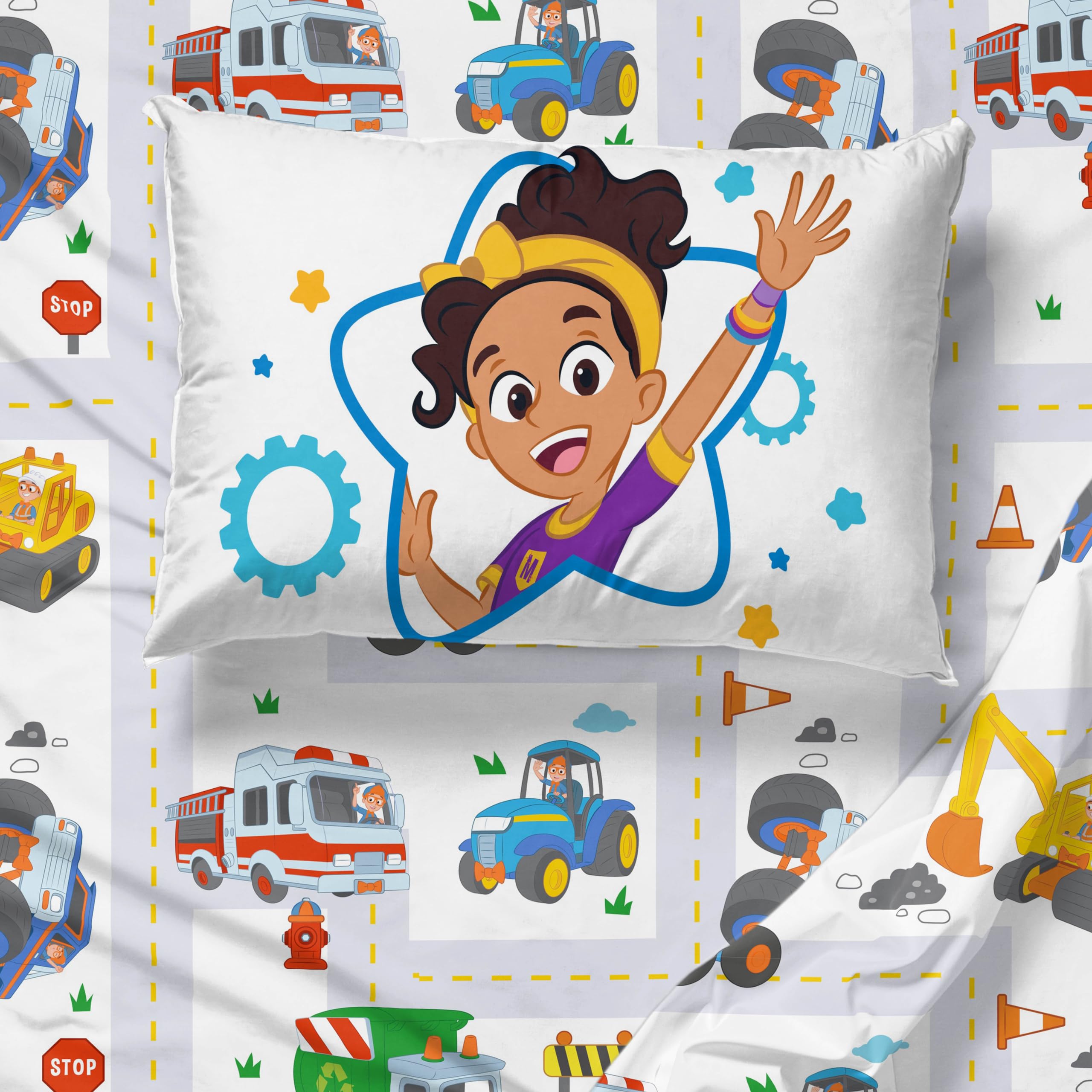 Jay Franco Blippi & Meekah Trucks Sheet Set - Twin Size Sheet Set - Super Soft Kids Cartoon Vehicles 3 Piece Bedding Set - Microfiber Sheets