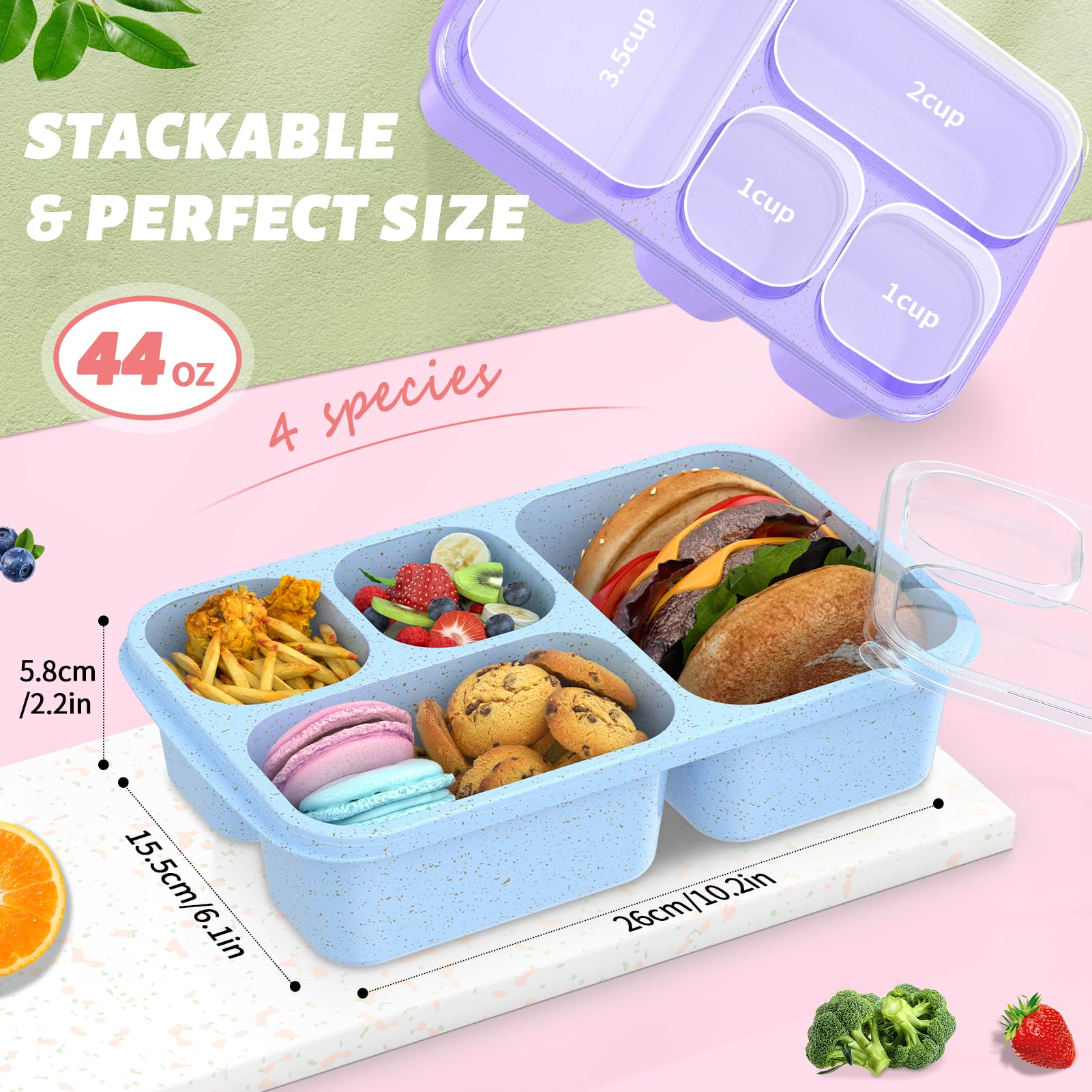 TEVIKE Bento Lunch Box for kids-4 Pack, Meal Prep Container Microwave Safe, Lunch Box of 4-Compartment, Bento Box Adult Lunch Box, Snack Box Containers (White/Green/Pink/Cyan)