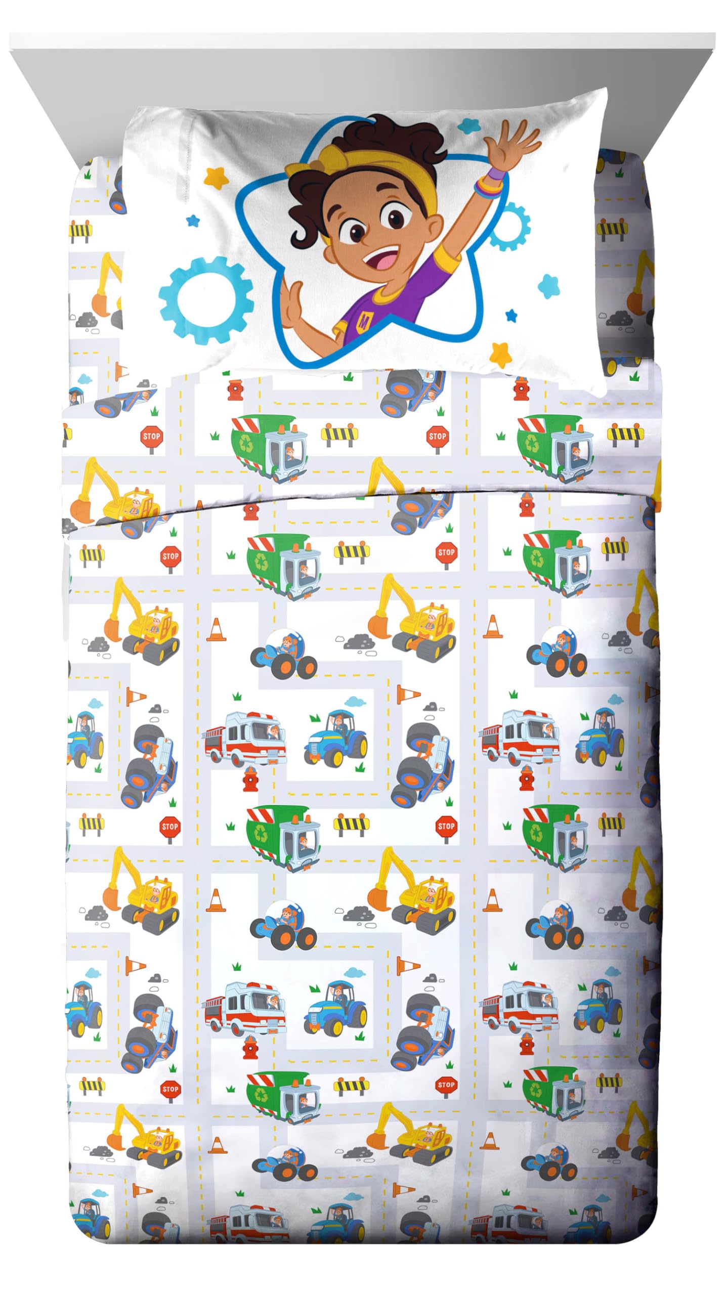 Jay Franco Blippi & Meekah Trucks Sheet Set - Twin Size Sheet Set - Super Soft Kids Cartoon Vehicles 3 Piece Bedding Set - Microfiber Sheets