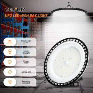 ONLYLUX LED High Bay Light 150W 4 Pack, 5000K Daylight, 22500LM, UFO LED Highbay Lights with US 5ft Cable, IP65 Commercial Bay Lighting, for Warehouse Gym Factory Barn Garage