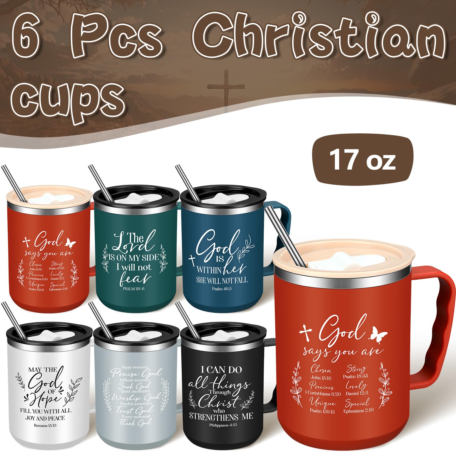 Nitial 6 Pcs 17 oz Christian Coffee Mugs with Lid and Straw Religious Bible Verse Christian Gifts Insulated Inspirational Bible Affirmations Tumbler for Friend Men Women Favor (Multicolor)