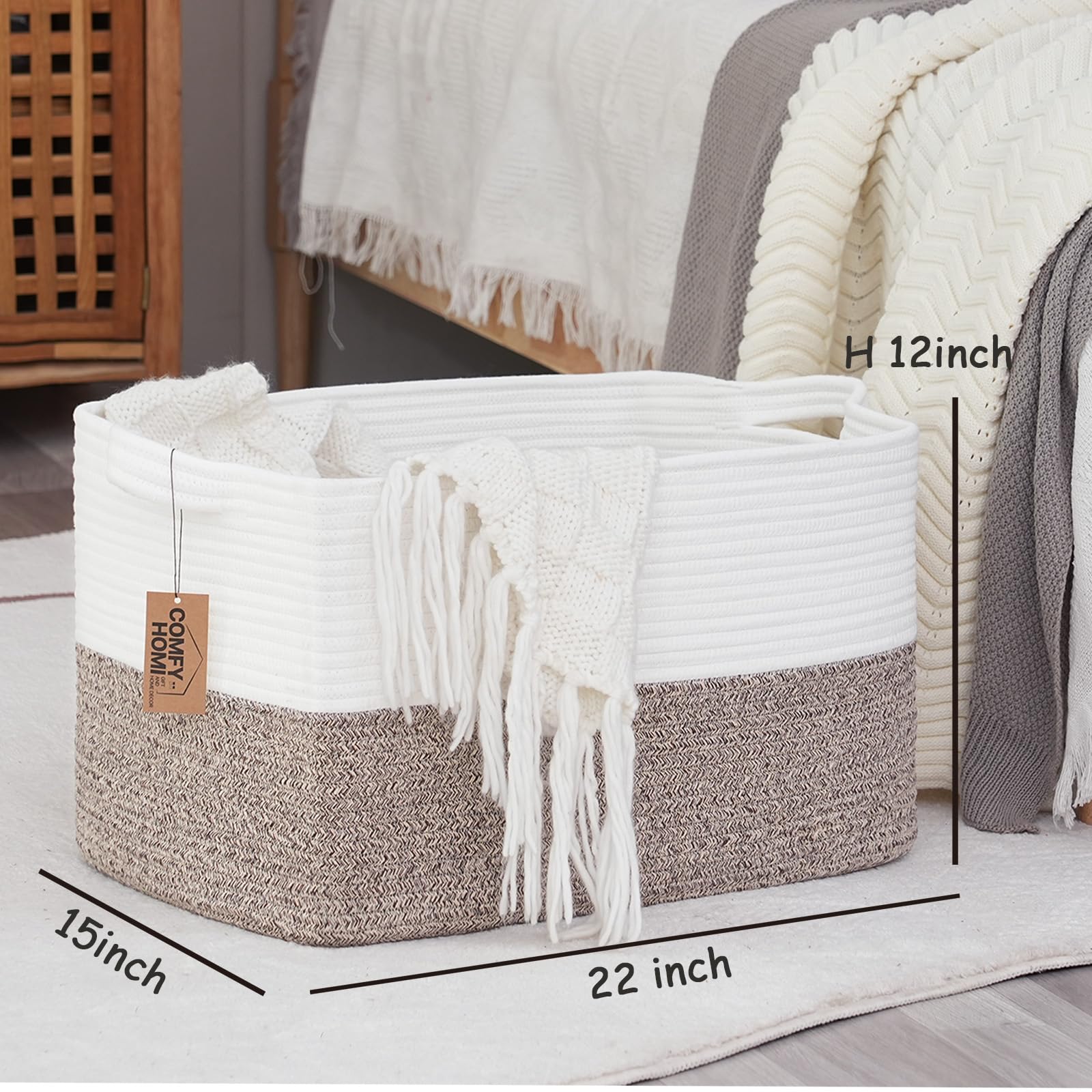 COMFY-HOMI Large Laundry Basket for Organizing|Rectangle Cotton Rope Storage Basket with Handles|Blanket Basket for Living Room|Woven Laundry Basket for Towels, Toys, Clothes-22x15x12”-White/Brown