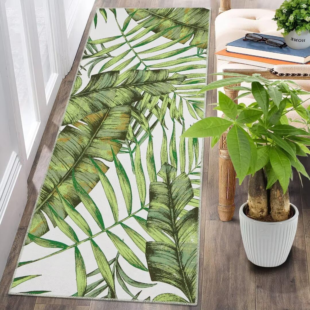 GAOMON 2x6 Washable Runner Rug Summer Tropical Jungle Green Leaf Rugs Spring Plants Palm Tree Leaf Non Slip Area Rugs Indoor Floor Carpet Nature Botanical Entryway Rug for Bedroom Kitchen, 2'x6' Green