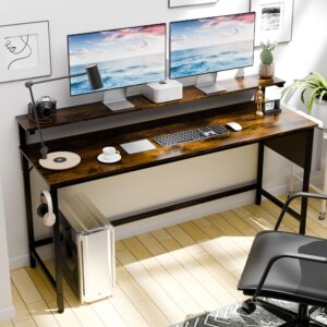 sunlei computer desk 63 inch home office desks, gaming writing desk large work desk study workstation, laptop stand for desk, simple assembly, steel frame, rustic brown