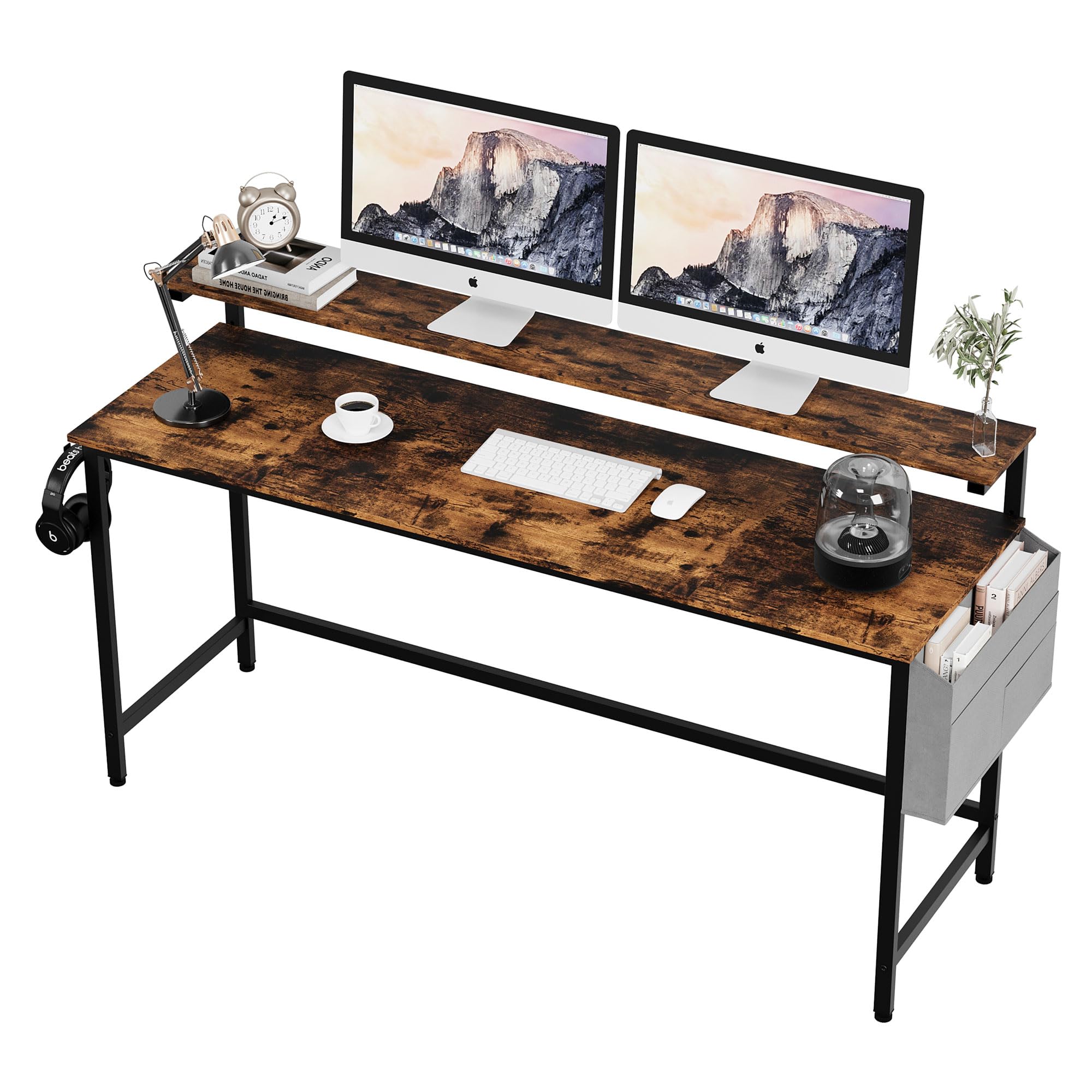 SUNLEI Computer Desk 63 inch Home Office Desks, Gaming Writing Desk Large Work Desk Study Workstation, Laptop Stand for Desk, Simple Assembly, Steel Frame, Rustic Brown