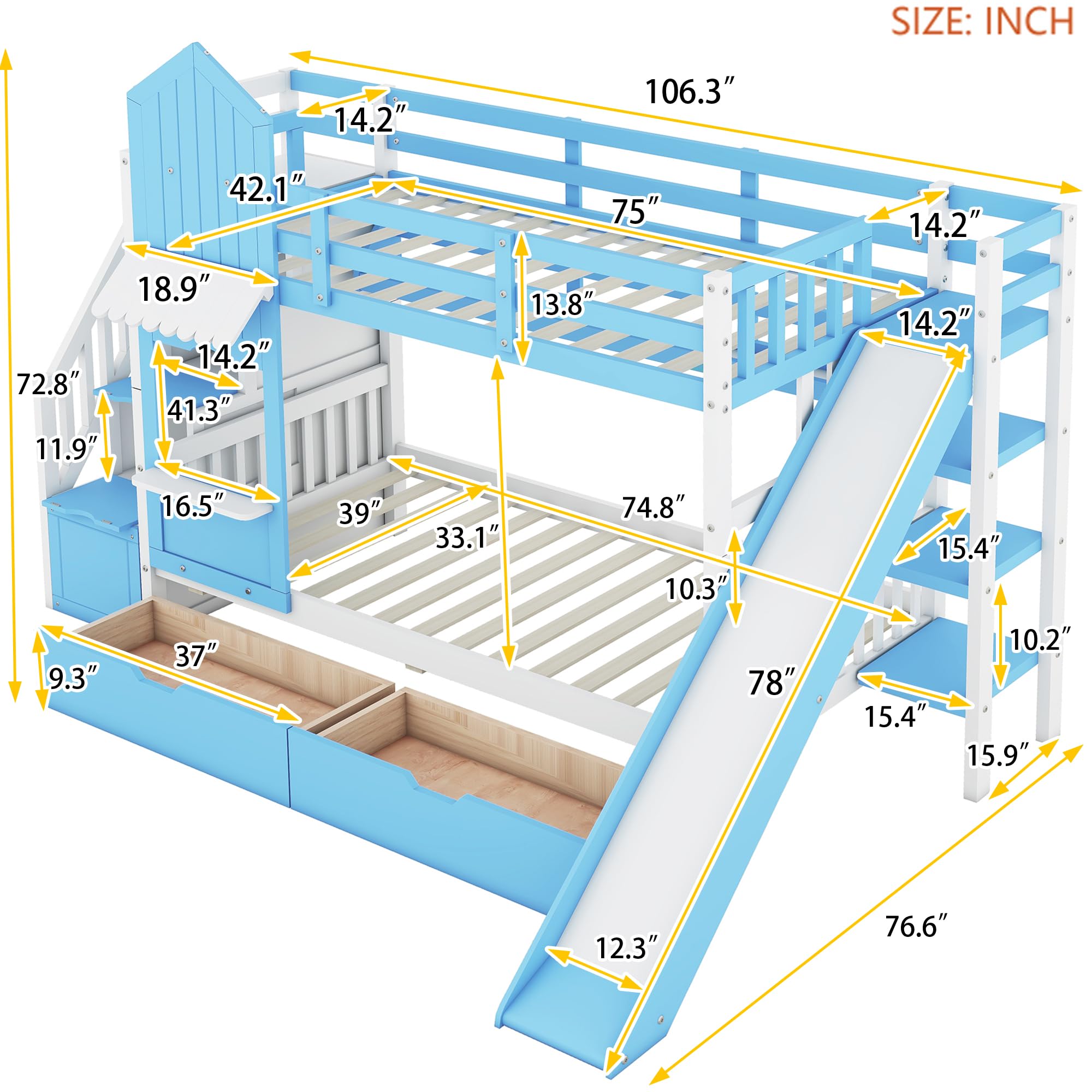 Kids Bunk Bed with Stairs and Slide, Wood Twin Over Twin Bunk Bed with Storage Drawers and Shelves, Castle Style Bunk Beds for Kids Teens Girls Boys, Blue