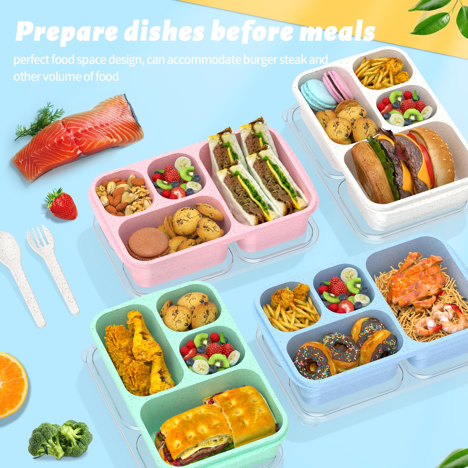 TEVIKE Bento Lunch Box for kids-4 Pack, Meal Prep Container Microwave Safe, Lunch Box of 4-Compartment, Bento Box Adult Lunch Box, Snack Box Containers (White/Green/Pink/Cyan)