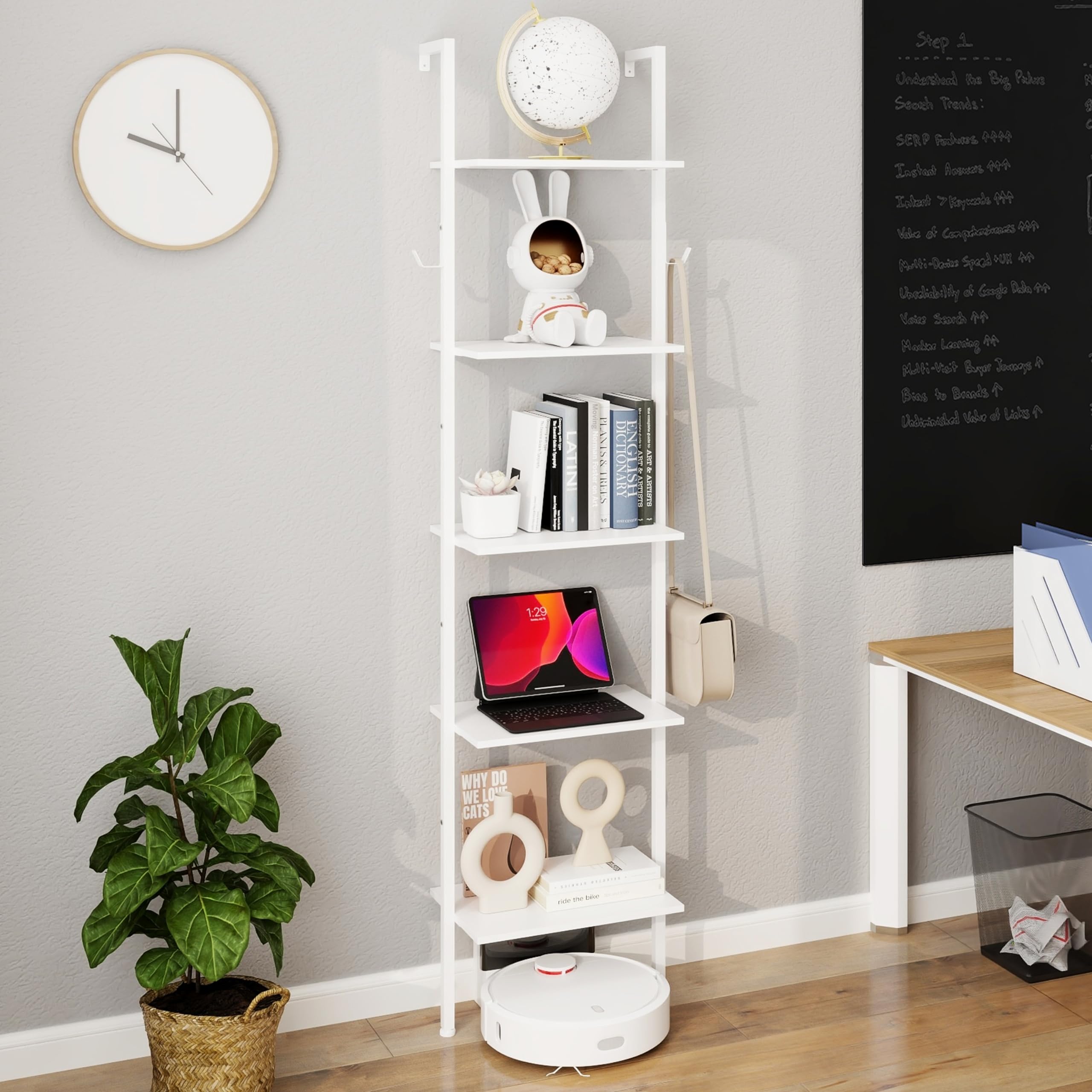 Tohomeor Industrial Bookshelf Wall Mounted 5-Tiers Ladder Shelf Wooden and Metal Narrow Thin Bookshelf Open Display Storage Rack for Living Room Bedroom Home Office (White, Narrow)