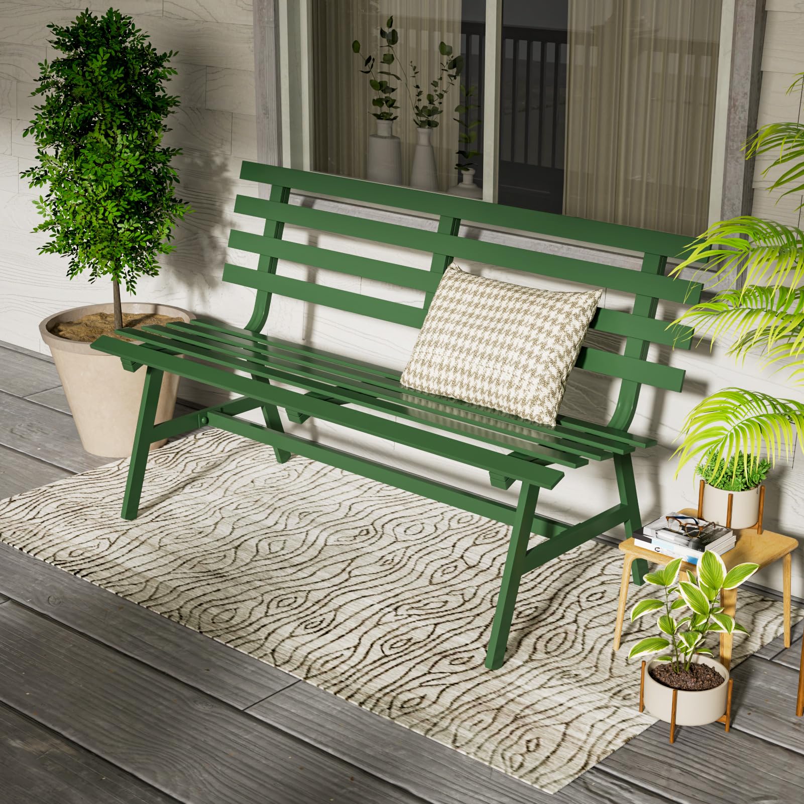 Eongdn Garden Bench, 2-Person Aluminum Patio Bench, All-Weather Outdoor Powder-Coated Bench for Porch, Backyard (Grass Green)