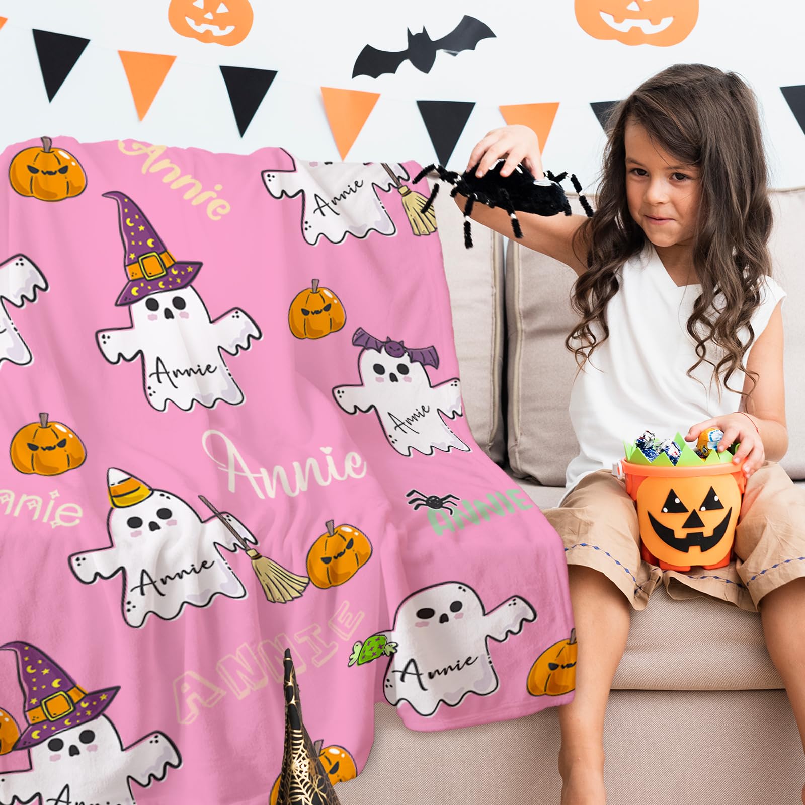 Custom Halloween Blanket for Girls, Personalized Baby Blanket for Boys with Name, Custom Super Soft Throw Blanket for Kids, Halloween Pumpkin Ghost Blanket Decoration, Personalized Halloween Baby Gift