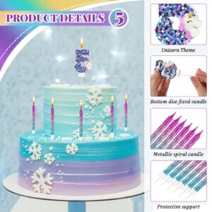 MTLEE Unicorn Birthday Candle Glitter Number Candle Unicorn Cupcake Toppers with 12 Pcs Numeral Rainbow Spiral Candle Purple Birthday Cake Candles for Baby Girl Boy Birthday Unicorn Party (Number 5)