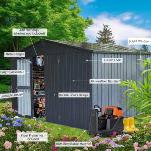 Domi Backyard Storage Shed 11’ x 9’ with Galvanized Steel Frame & Windows, Outdoor Garden Shed Metal Utility Tool Storage Room with Lockable Door for Patio(Dark Gray)