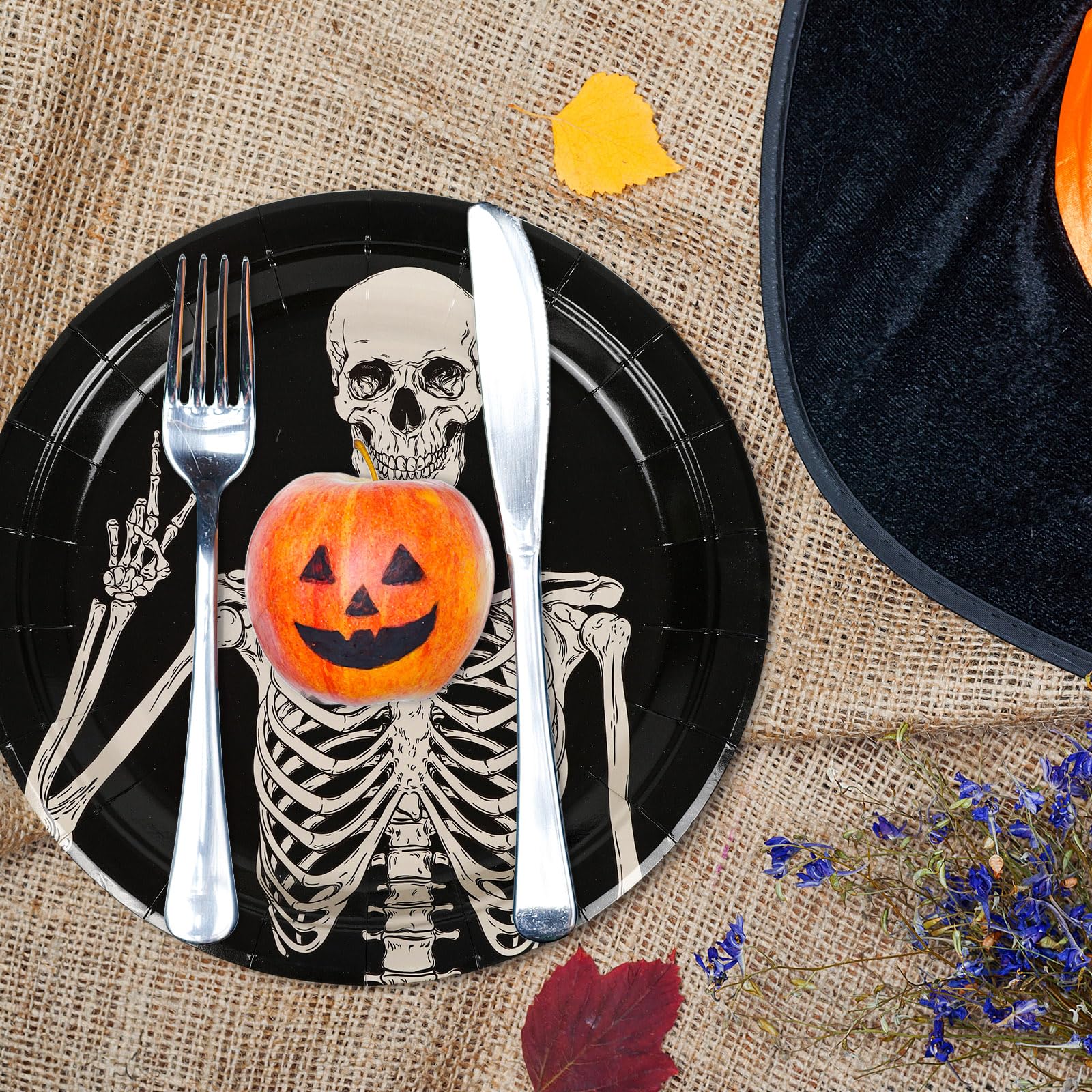 AnyDesign Halloween Paper Plates Disposable Spooky Skeleton Plates 9 Inch Decorative Tableware Dessert Plates for Holiday Party Decor Supplies, 24Pcs