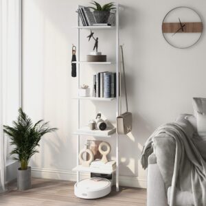 tohomeor industrial bookshelf wall mounted 5-tiers ladder shelf wooden and metal narrow thin bookshelf open display storage rack for living room bedroom home office (white, narrow)