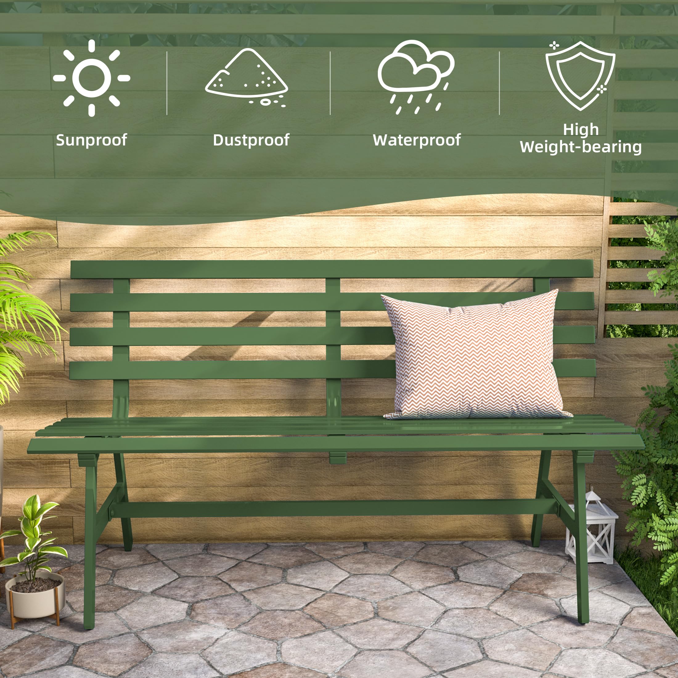 Eongdn Garden Bench, 2-Person Aluminum Patio Bench, All-Weather Outdoor Powder-Coated Bench for Porch, Backyard (Grass Green)