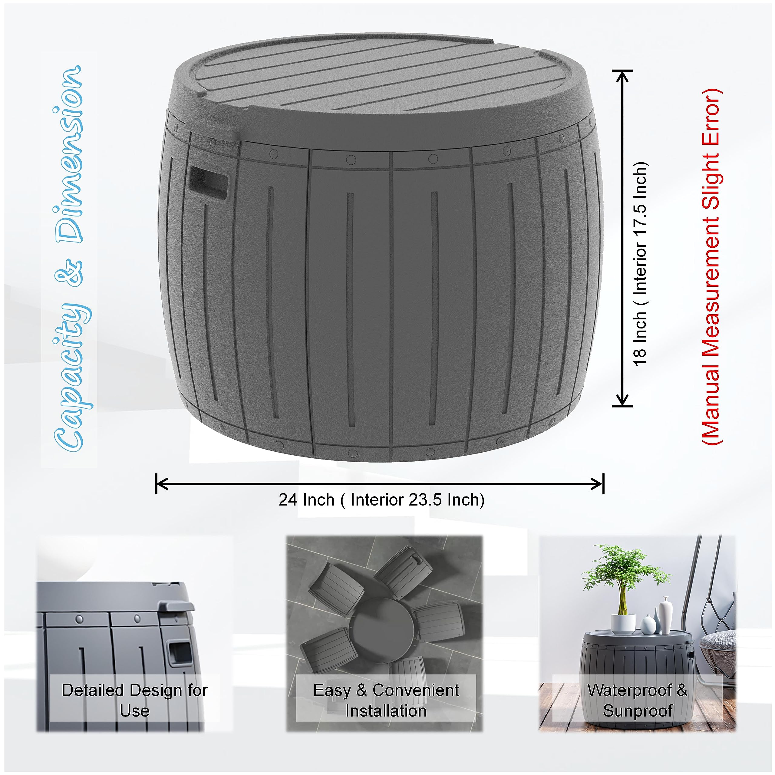 Mrosaa Deck Box Round, Patio Table, Waterproof Outdoor Storage Box for Kid Toys, Patio Furniture, Pool Tools, Outdoor Uses, Sports Equipment, Waterproof and UV Resistant Resin, 27 Gallons Grey…