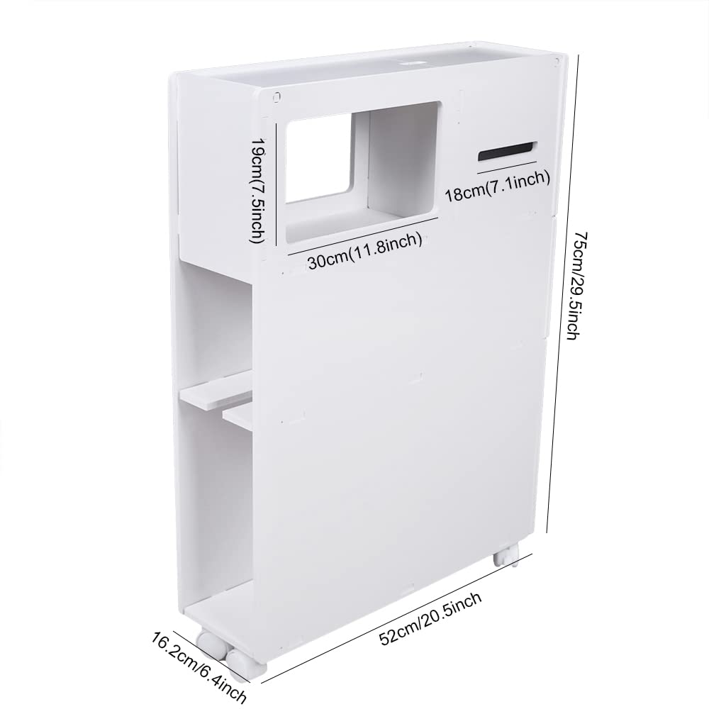 XUANIIIL Bathroom Floor Movable Storage Cabinet, Narrow Slim Tall Towel Organizer Toilet Side Freestanding Rolling Shelf Unit with Drawers for Small Space Laundry Living Room