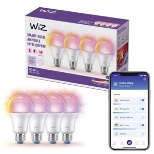 wiz connected 60w a19 led smart light bulbs - connects to your wi-fi - e26 smart bulb - control with voice or app + activate with motion - matter compatible - 4 pack