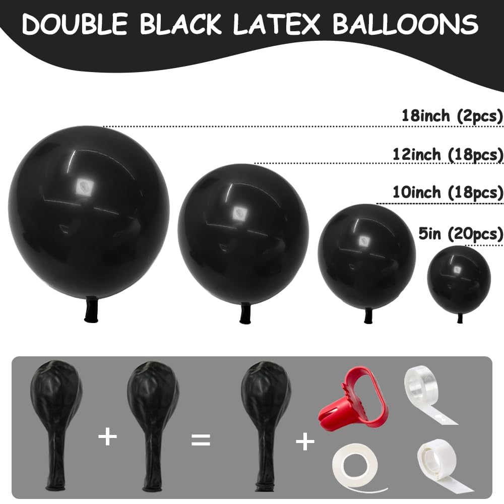 Black Balloons-Double Stuffed Black Balloons Different Sizes Latex Premium Black Balloon Garland Matte Black balloon Arch Kit for Birthday Graduation Wedding Baby Shower Party decorations