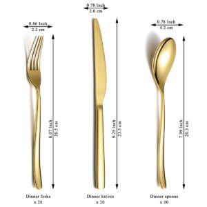 Berglander Gold Wedding Silverware Set 60pcs Service for 20, Titanium Plating Stainless Steel Flatware Set, Gold Spoons Forks Knives Set for Home, Wedding, Restaurant, Dishwasher Safe