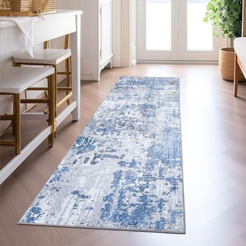 Mecko Modern Abstract Area Rug-2'6" x 8' Long Hallway Runner Rug Soft Washable Non-Slip Contemporary Entryway Mat, Accent Throw Rug for Living Room Bedroom(Blue,2'6" x 8')