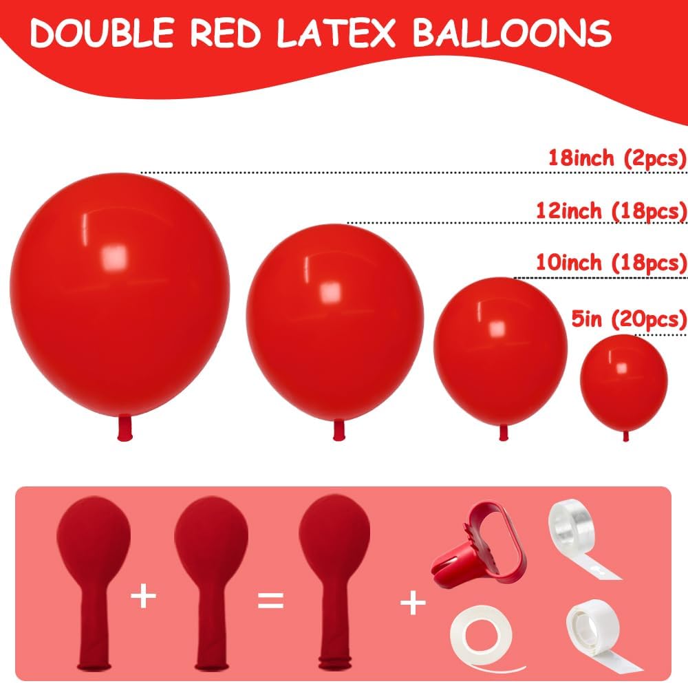 Red Balloons Double Stuffed Red Balloons Different Sizes Latex Ruby Red Balloon Garland Matte Premium Red Balloon Arch Kit for Birthday Wedding Baby Shower Mother's Day Christmas Party decorations