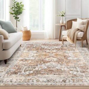 cochyean washable rugs 5x7 area rugs for living room, bedroom, dining room, stain resistant non-slip area rug, low pile vintage home decor rug (sienna,5'x7')