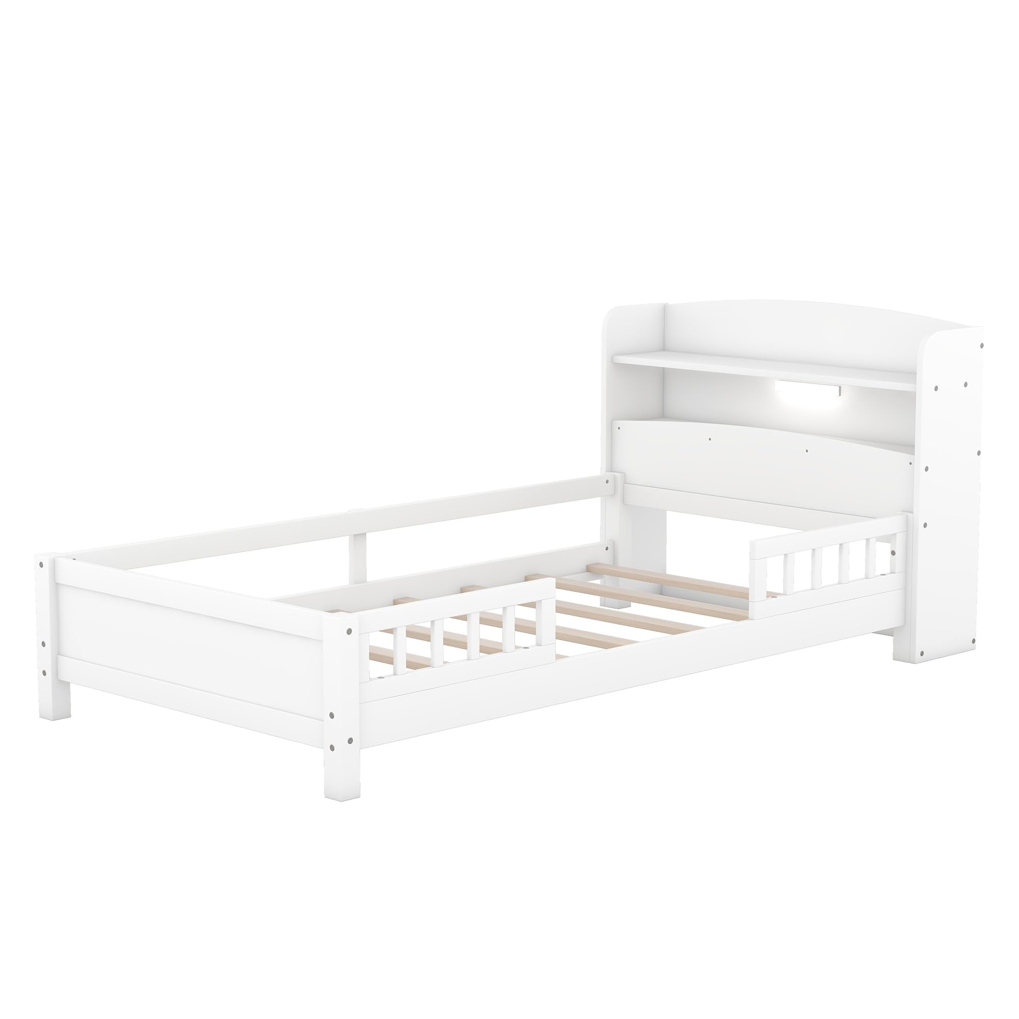 Harper & Bright Designs Kids Twin Bed with Storage Headboard and Guardrail, Wood Twin Platform Bed Frame with Built-in LED Light, for Girls Boys (Twin Size, White)