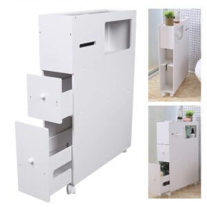 XUANIIIL Bathroom Floor Movable Storage Cabinet, Narrow Slim Tall Towel Organizer Toilet Side Freestanding Rolling Shelf Unit with Drawers for Small Space Laundry Living Room