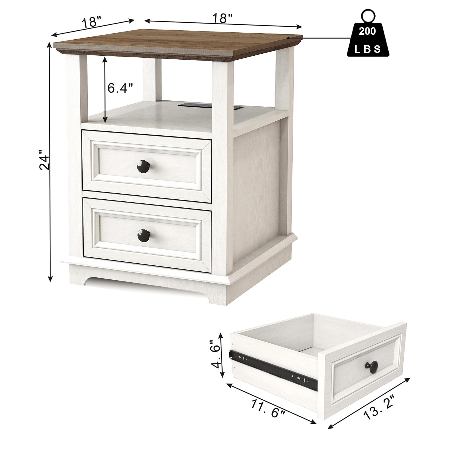 REDAYFUR End Table with Fast USB C Charging Station, 24” Tall Sofa Side Table with 2 Drawers, Large Storage Rustic Wood Square Storage Cabinet for Living Room,Bedroom,Office, White