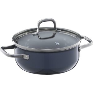 wmf fusiontec essential large cooking pot, 20 cm, glass lid, induction stewing pan, 2.4 l, high-tech ceramic, scratch-resistant, uncoated, dark blue, made in germany