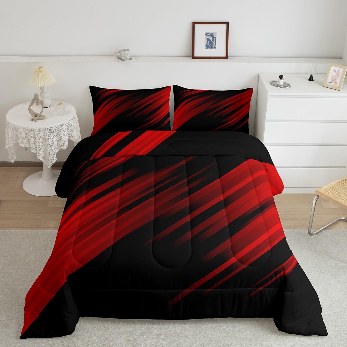 jejeloiu Red Ombre Bedding Set Ombre Effects Comforter Set for Kids Boys Girls Teens Room Decor Geometry Comforter Queen Size Abstract Art Design Duvet Set 3Pcs