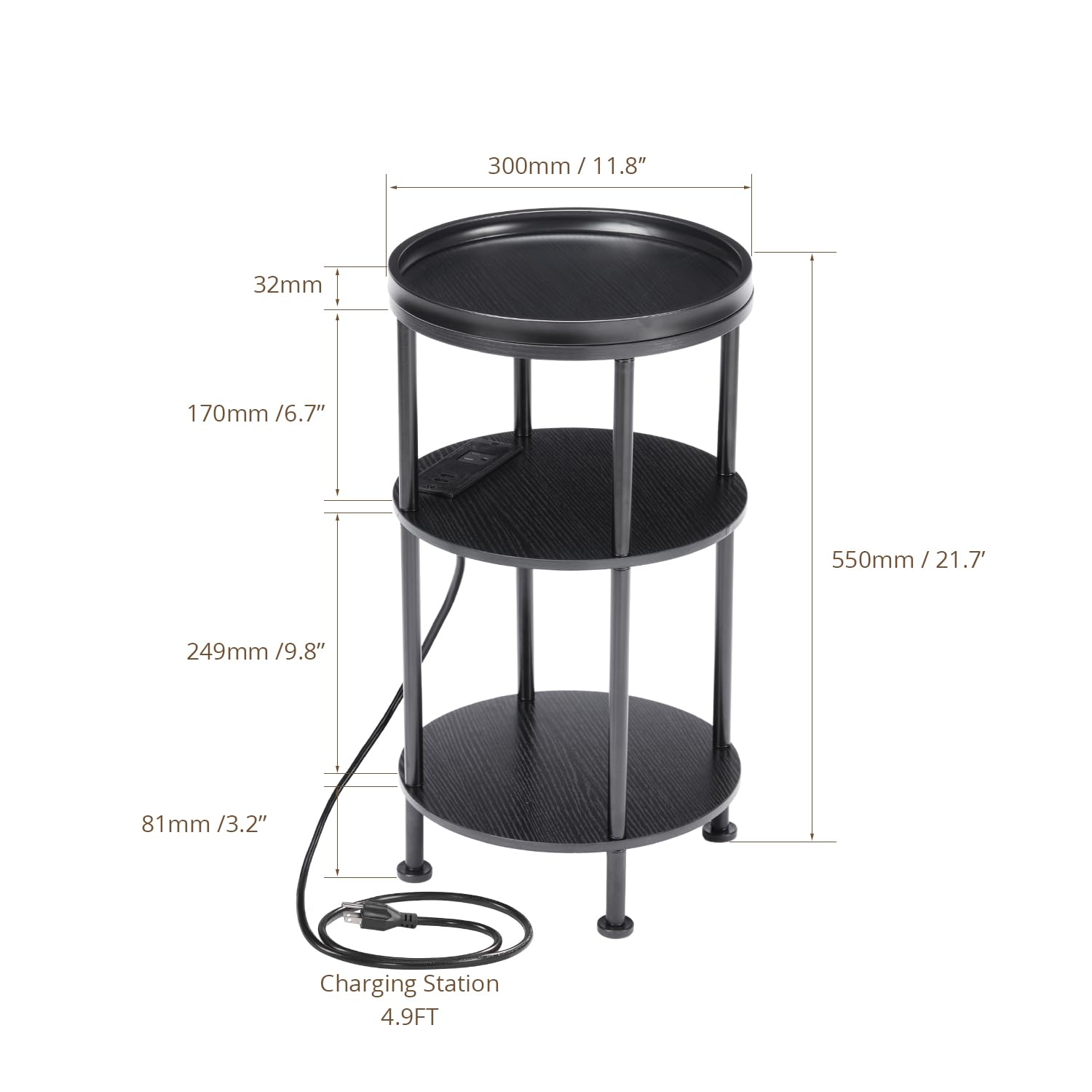 Small Round Side Table with Charging Station for Small Spaces, 3-Tier Round Accent Table with USB Ports & Power Outlets,Round Corner Table Tea Sofa Side Table for Living Room Bedroom Apartment (Black)