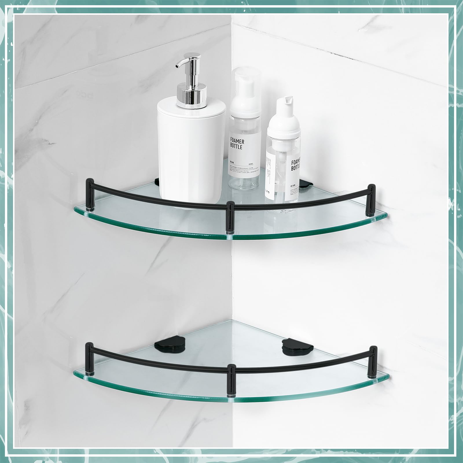 2 Pcs Corner Shower Shelf 2-Tier Glass Corner Shelf Stainless Steel Wall Mounted Corner Bathroom Organizer for Storing Bottle Shower Gel Shampoo Brush, 9.25 Inches (Black)