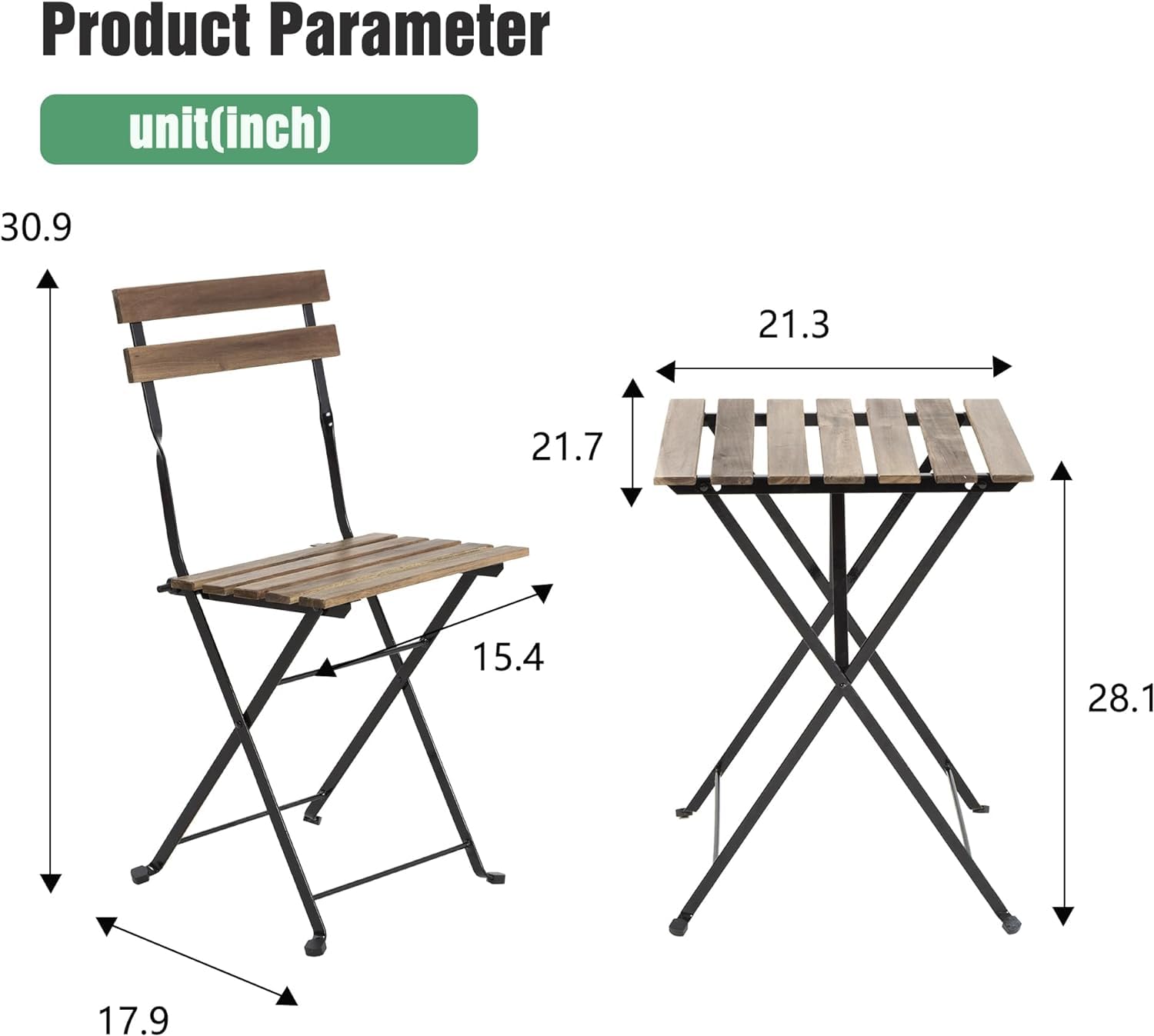 BLKMTY Patio Bistro Set 3-Piece Outdoor Patio Furniture Sets Folding Table and Chairs Wood Bistro Set Balcony Cafe Table Square Patio Table Chair for Porch, Garden, Backyard, Chestnut Brown