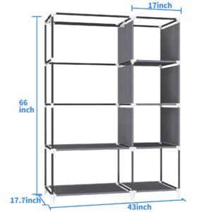 KEKIWE Portable Closet, Wardrobe Closet for Hanging Clothes with 1 Hanging Rods, 6 Storage Organizer Shelves, Easy to Assemble, Space Saving for Bedroom, 43 x 17.7 x 66 Inches, Grey