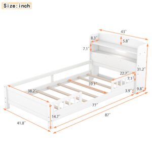 Harper & Bright Designs Kids Twin Bed with Storage Headboard and Guardrail, Wood Twin Platform Bed Frame with Built-in LED Light, for Girls Boys (Twin Size, White)