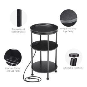 Small Round Side Table with Charging Station for Small Spaces, 3-Tier Round Accent Table with USB Ports & Power Outlets,Round Corner Table Tea Sofa Side Table for Living Room Bedroom Apartment (Black)