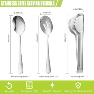 Sabary 36 Pcs Stainless Steel Serving Utensils for Buffet Parties Including 12 Serving Spoons 12 Slotted Spoons 12 Serving Tongs Large Metal Flatware Set for Tanksgiving Catering Banquet(Silver)