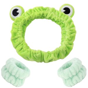 ahoney frog headband skin care headbands and wristbands cute spa wrist band fluffy hand cuffs women girls kids facial makeup accessories costume party supply birthday gift (frog)