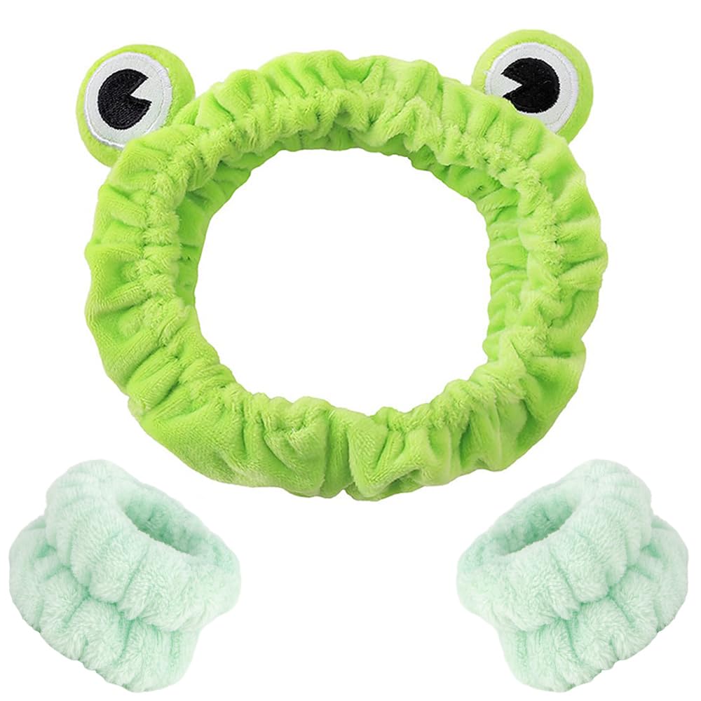 AHONEY Frog Headband Skin care Headbands and Wristbands Cute Spa Wrist Band Fluffy Hand Cuffs Women Girls Kids Facial Makeup Accessories Costume Party Supply Birthday Gift (Frog)