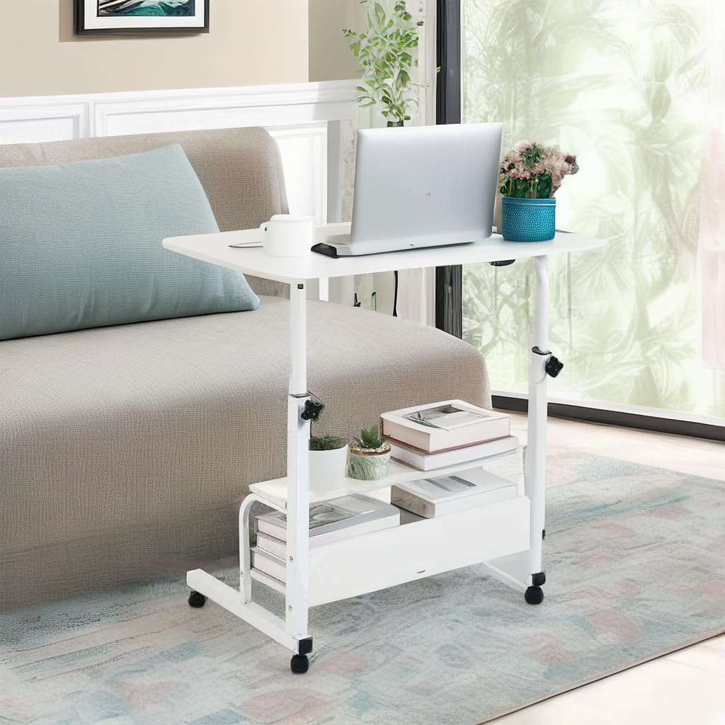 BRAVECOW Adjustable Table Portable Desk for Small Spaces Laptop Table Rolling on Wheels Mobile Couch Desk for Bedroom Home Office Computer Desk