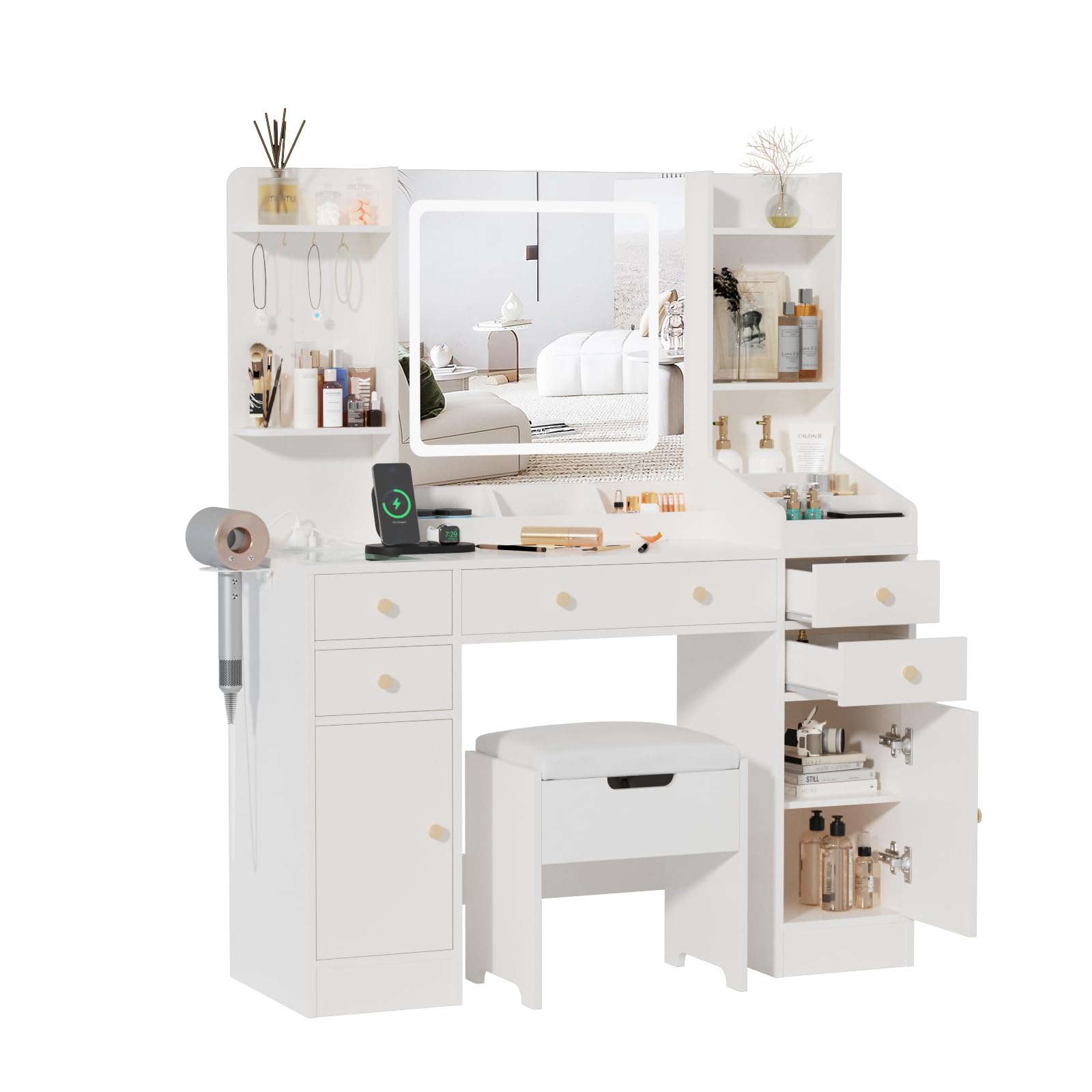 Vabches Vanity Desk with Lights, Makeup Vanity Table with Charging Station, 44.9in Big Vanity Set with 5 Drawers & Lots Storage Space, White