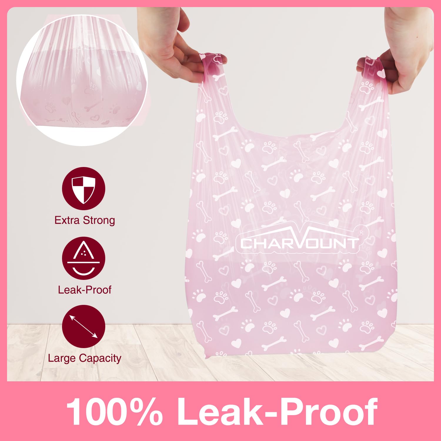 Charmount 270 Counts Large Dog Poop Bags with Handles, 16"x8"Extra Thick Dog Poop Bags Rolls, Leak Proof and Easy Tie, Unscented Doggy Poop Bags, Cat Litter Bags, Compostable Poop Bags, Pink